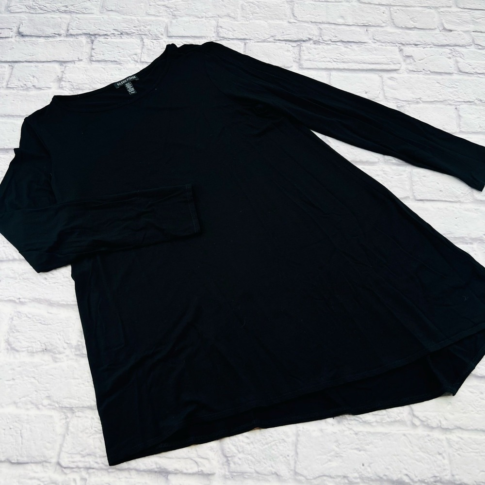 Eileen Fisher Womens Black Viscose Stretch Long Sleeve Boat Neck Tunic Top M